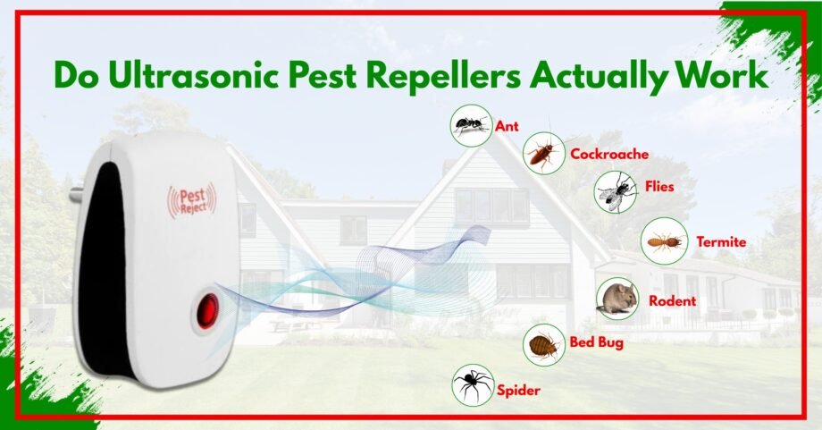 Ultrasonic pest repeller device emitting waves to repel ants, cockroaches, flies, termites, rodents, bed bugs, and spiders in a house.