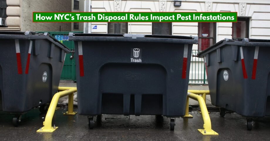 NYC trash disposal rules shown with sealed bins on the sidewalk to help reduce pest infestations.