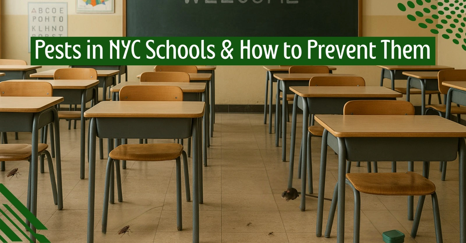 Empty classroom in NYC school with desks and chairs, showing cockroaches and a rat on the floor, highlighting pests in nyc schools and the need for prevention measures.