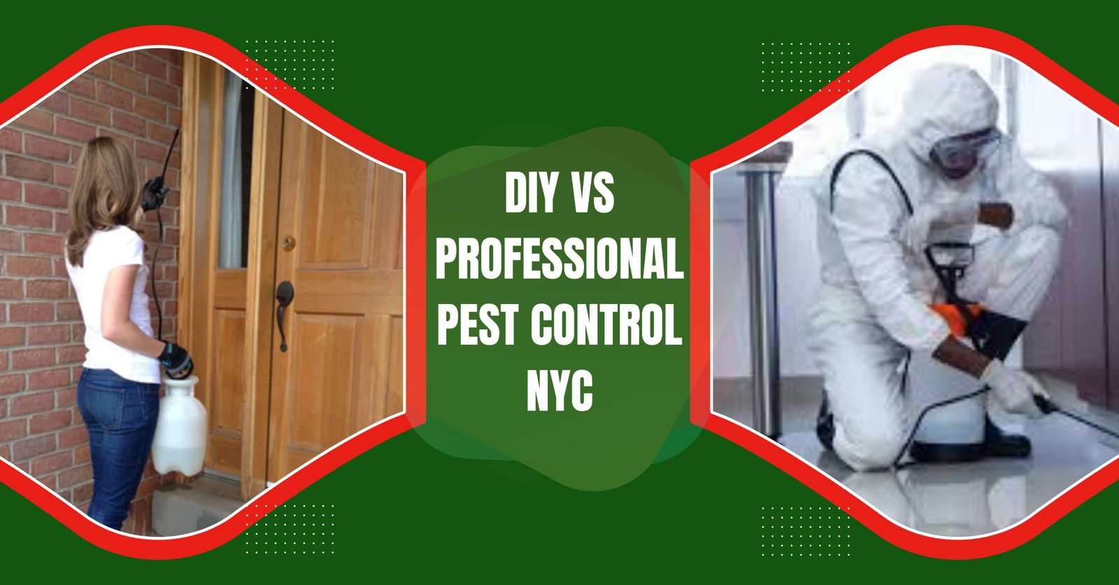 Comparison image of a DIY pest control person and a professional exterminator performing pest treatments in NYC.